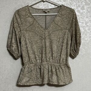 LOFT Petite Peplum Top Floral Print Green V-neck Puff‎ Short Sleeve Boho Sz MP M
